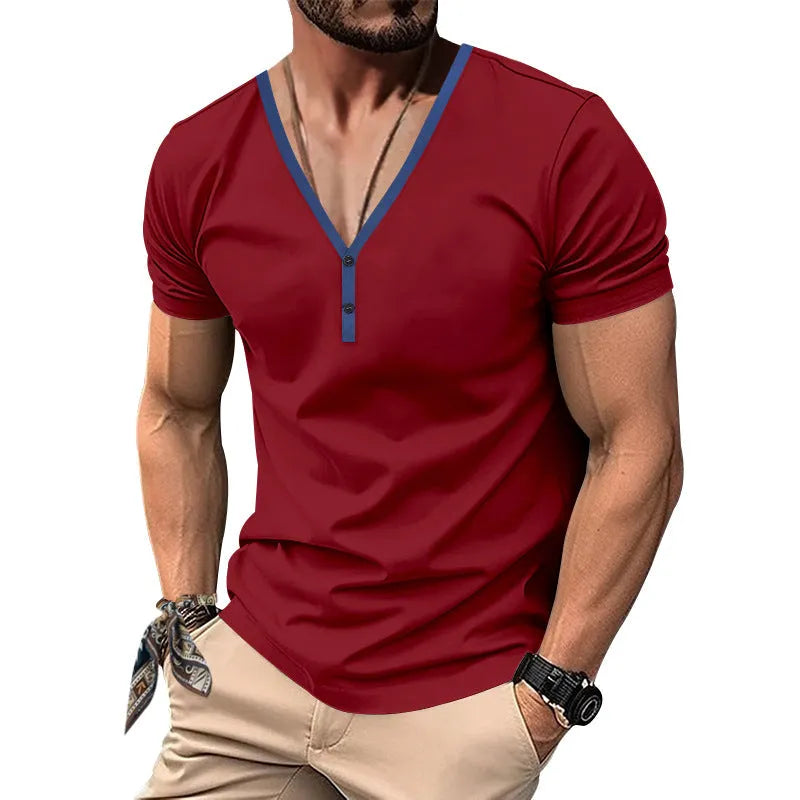 Men's slim-fit V-neck contrast colour Henley short sleeve top in polyester, available in black, white, wine red, gray, denim blue, brown