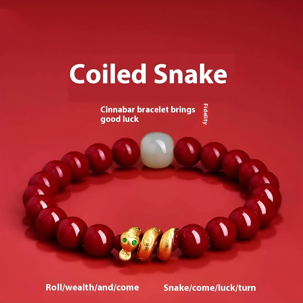 Handmade cinnabar Snake Year zodiac bracelet with snake beads in Chinese style unisex design