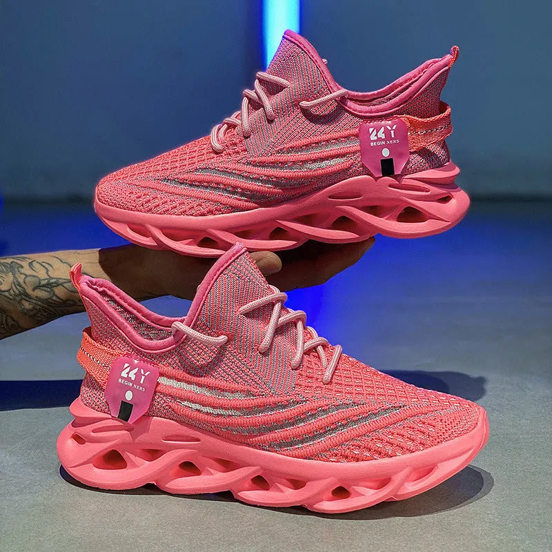 Men's flyknit breathable mesh casual sneakers low top round toe mid heel foam sole summer leisure shoes