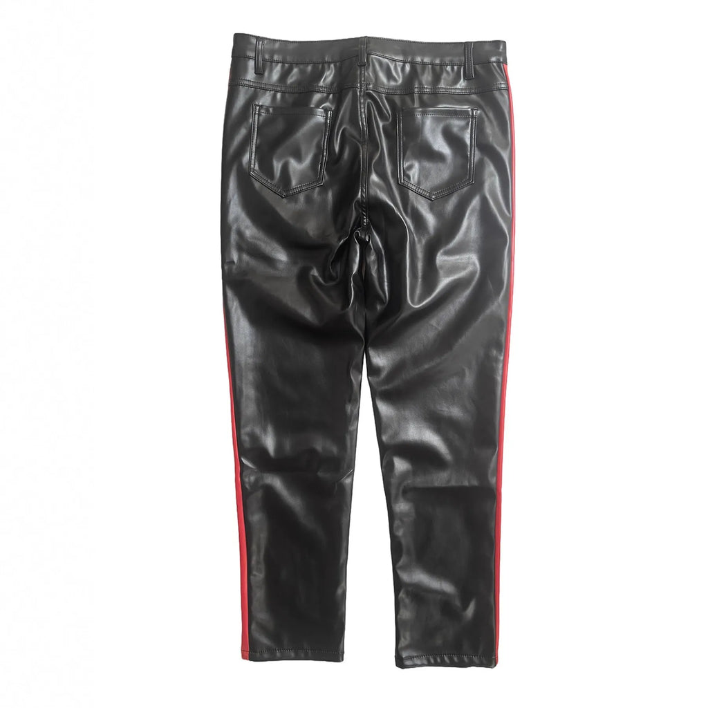 Black cropped PU leather skinny trousers for women with button fly, mid waist, dance and nightclub wear