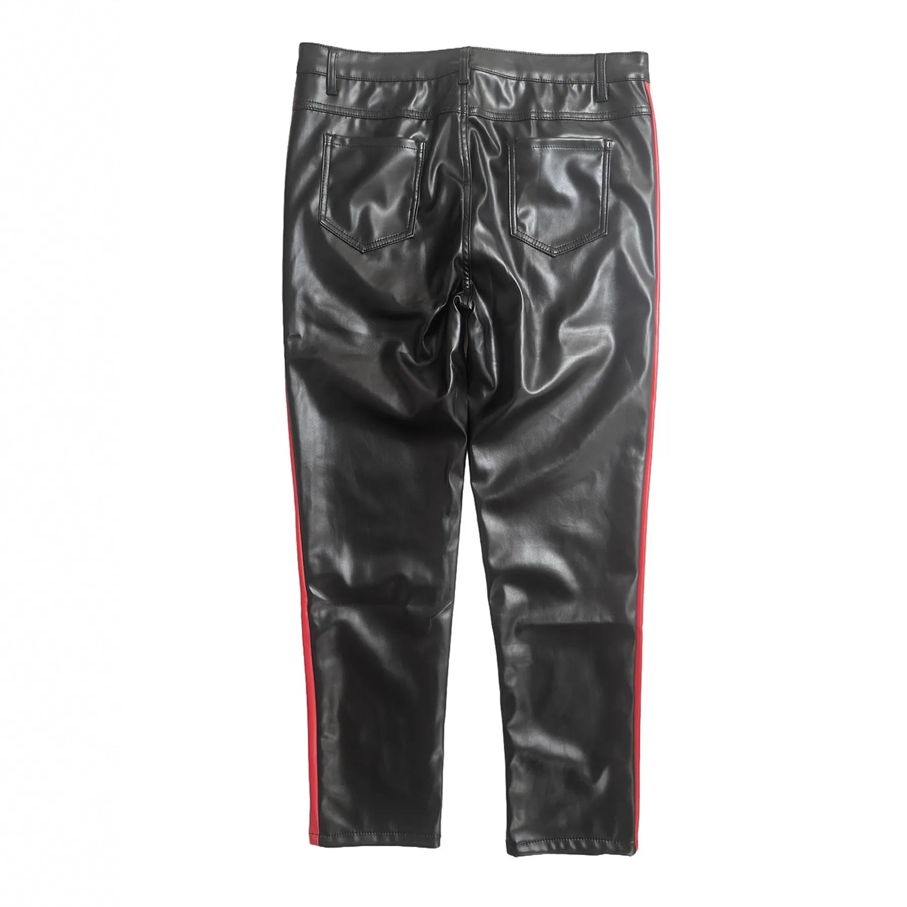 Black cropped PU leather skinny trousers for women with button fly, mid waist, dance and nightclub wear