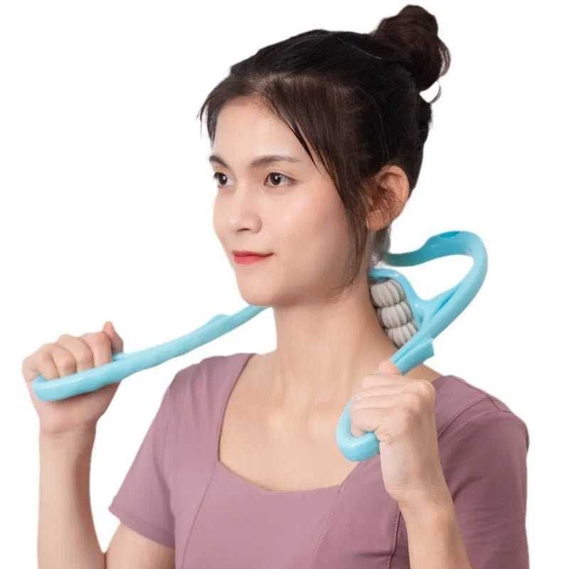 Blue plastic handheld massager with six rotating wheels for neck and shoulder tension.