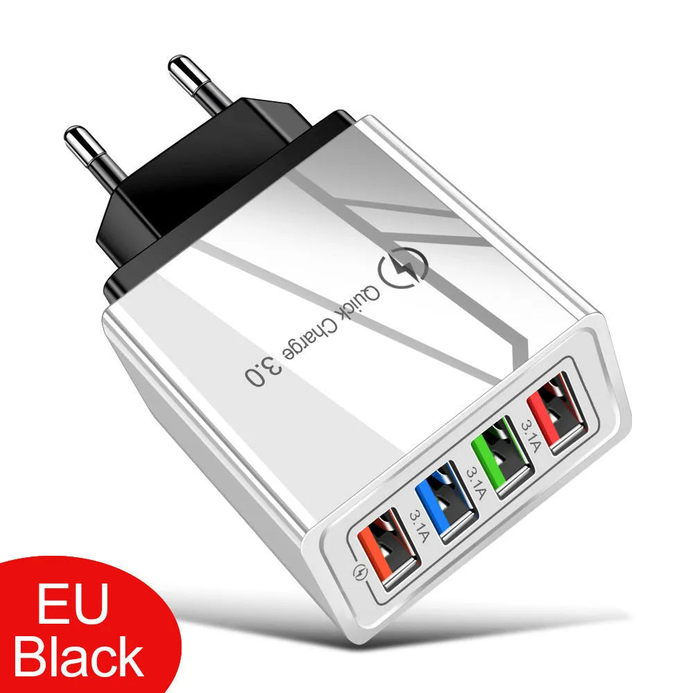 Multi-port USB charging head with four ports, PC+ABS housing in black, white, and blue options