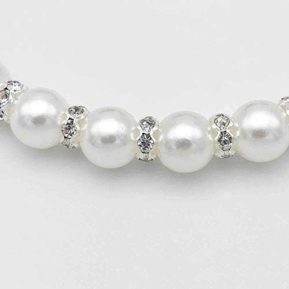 Adjustable small dog pearl necklace with imitation pearls and rhinestones on soft ribbon