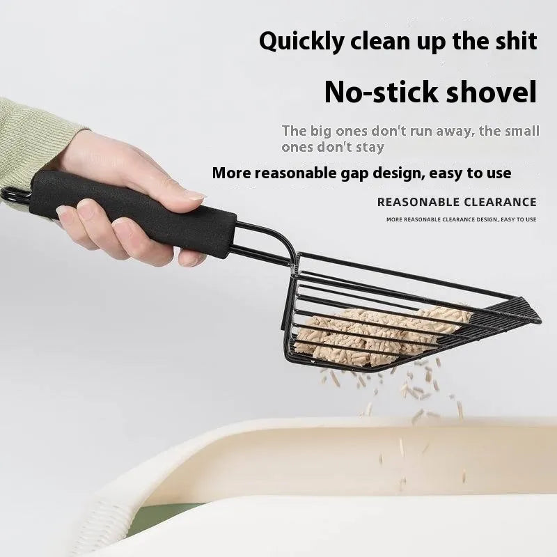 Black alloy metal cat litter scoop with narrow tines and a long handle.