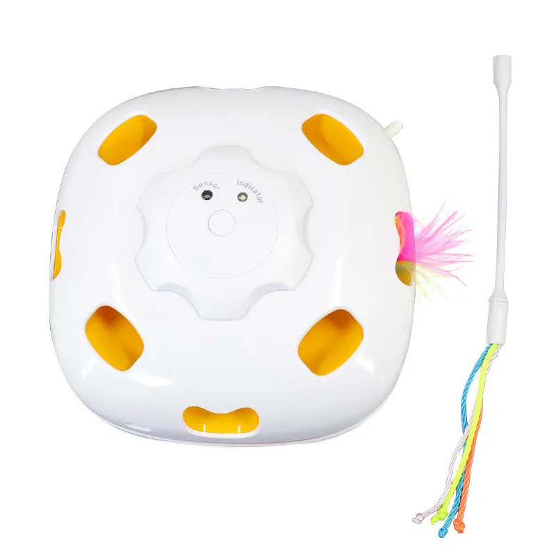 Automatic cat toy with plastic construction measuring 19.8cm featuring motion, sound and LED activation