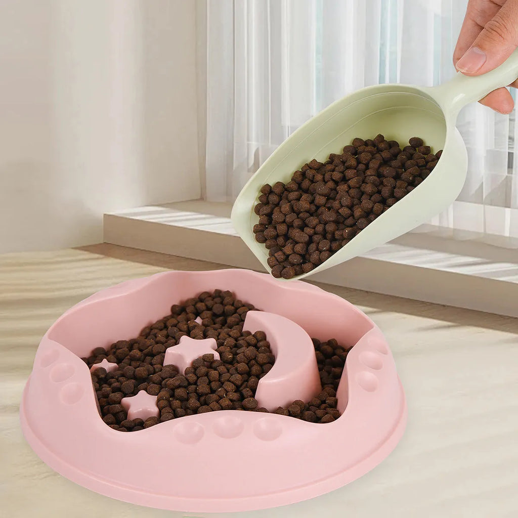 Moon star wings design slow feed dog bowl with interior ridges, non-slip base, in blue colour