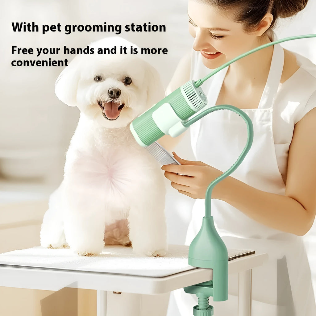 Pet halter hair dryer bracket in green and white for hands-free dog grooming