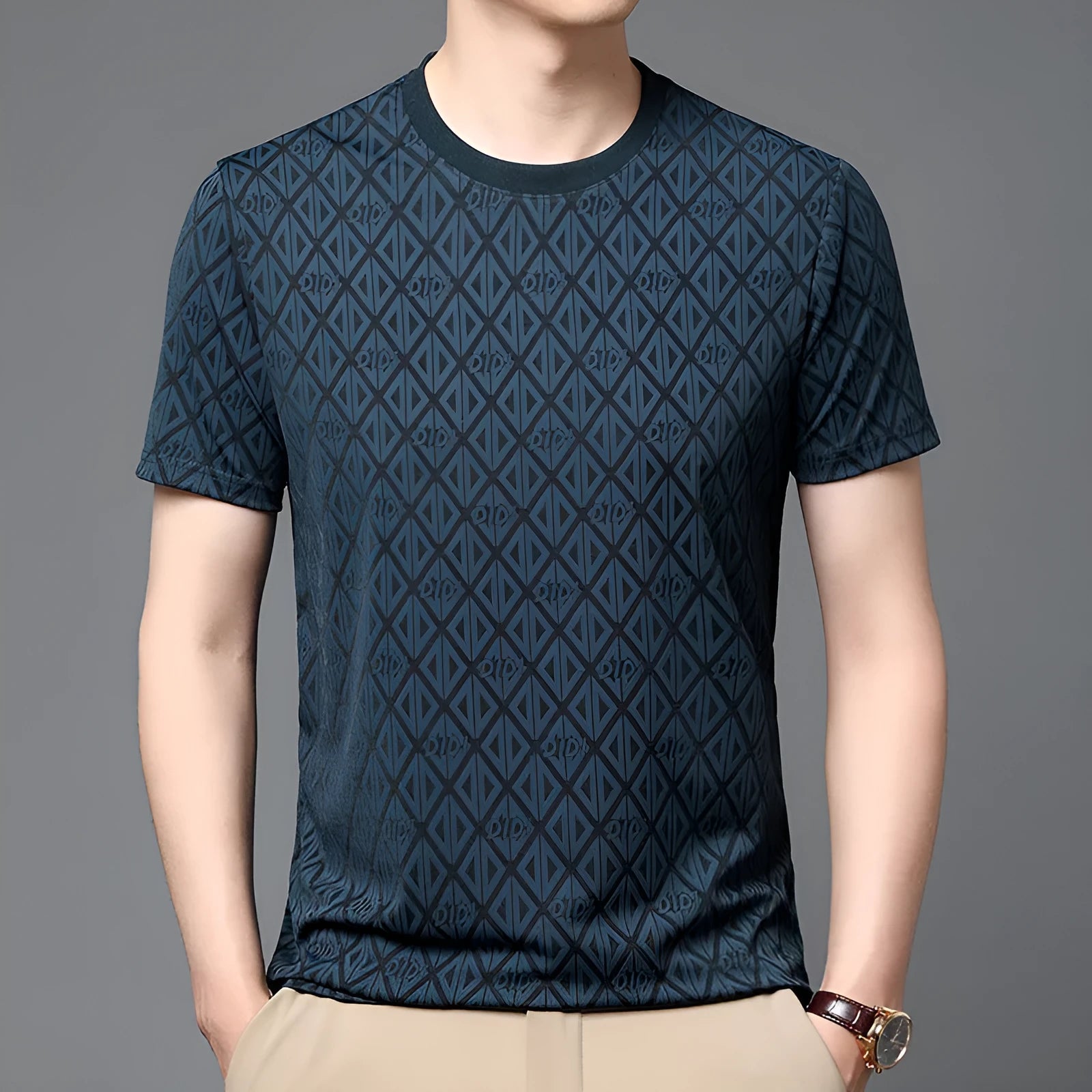 Man wearing a loose fit black round neck short sleeve T-shirt made from Ice Silk fabric.