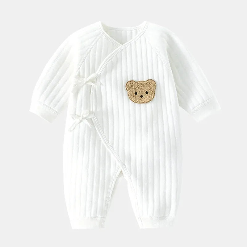 Cotton newborn jumpsuit long sleeve casual baby clothes white jacquard teddy bear strap
