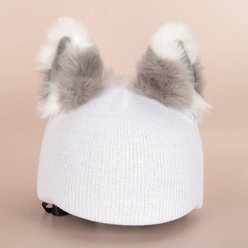 A plush fabric cartoon helmet cover set for adults, showing character designs like a bear and dinosaur for cosplay.