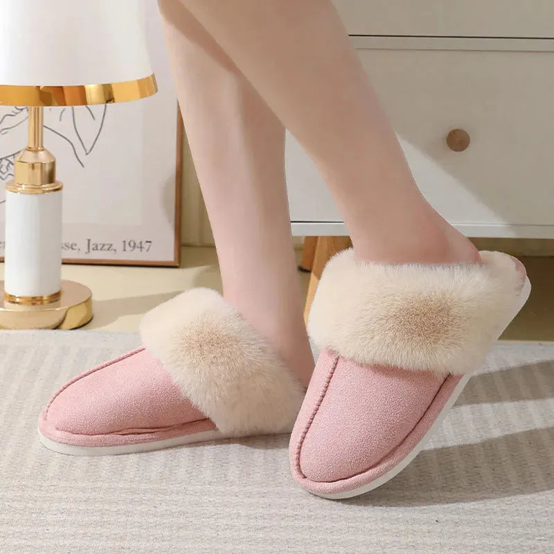 Women's round-toe plush slippers in multiple colours with a non-slip PVC sole.