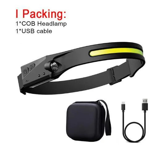 COB LED induction headlamp with wide beam and side LED for long-distance lighting, USB rechargeable, silicone build