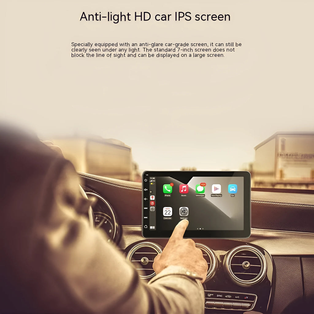 7-inch car GPS navigator with wireless CarPlay and reversing camera on dashboard with suction cup mount