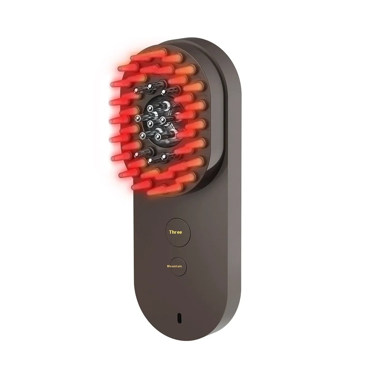Pink and black smart massage comb for scalp care with red light therapy, shown next to its box.