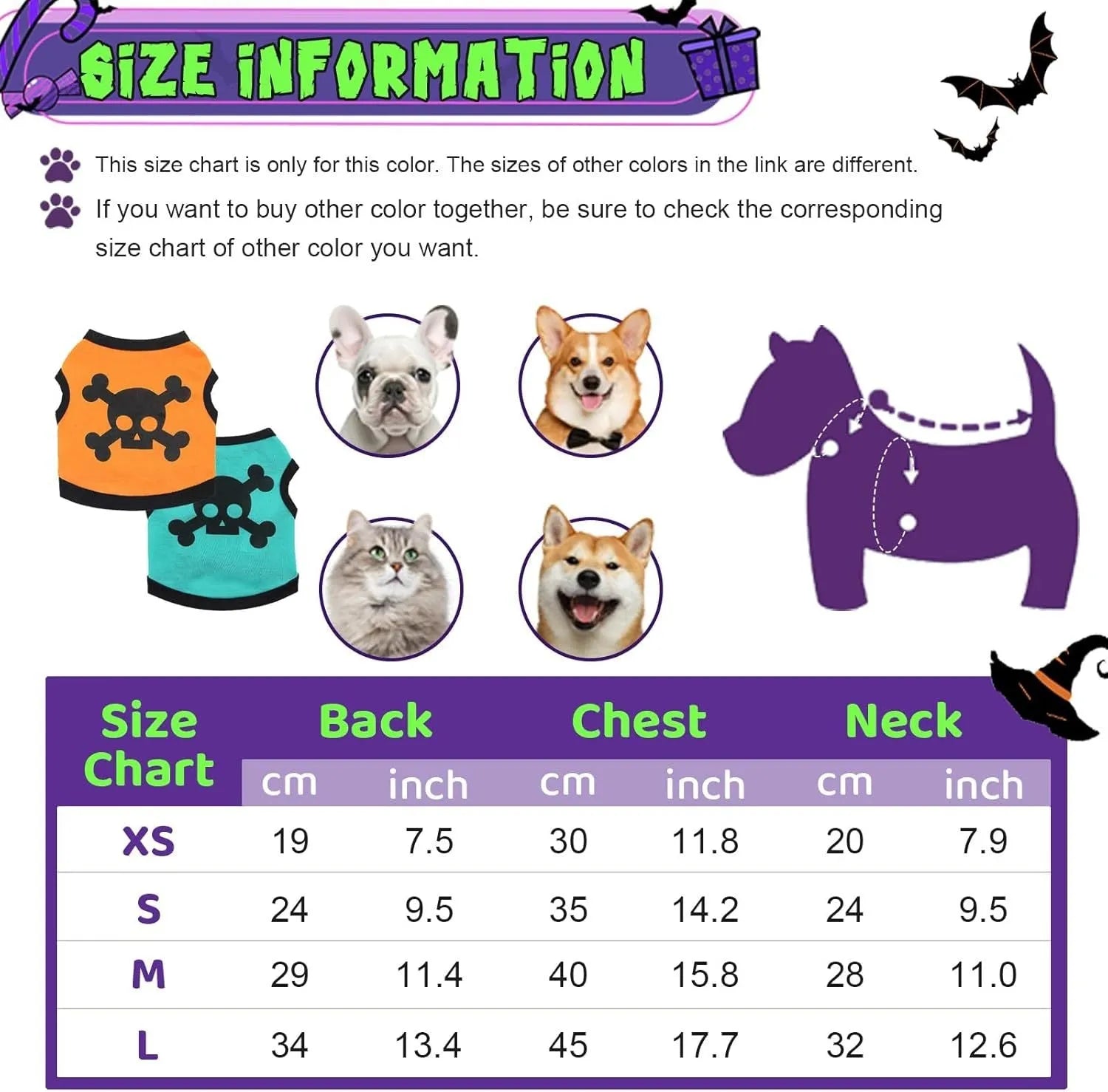 Pack of five Halloween dog vests in blue, orange, and purple with skull and bones pattern on white background
