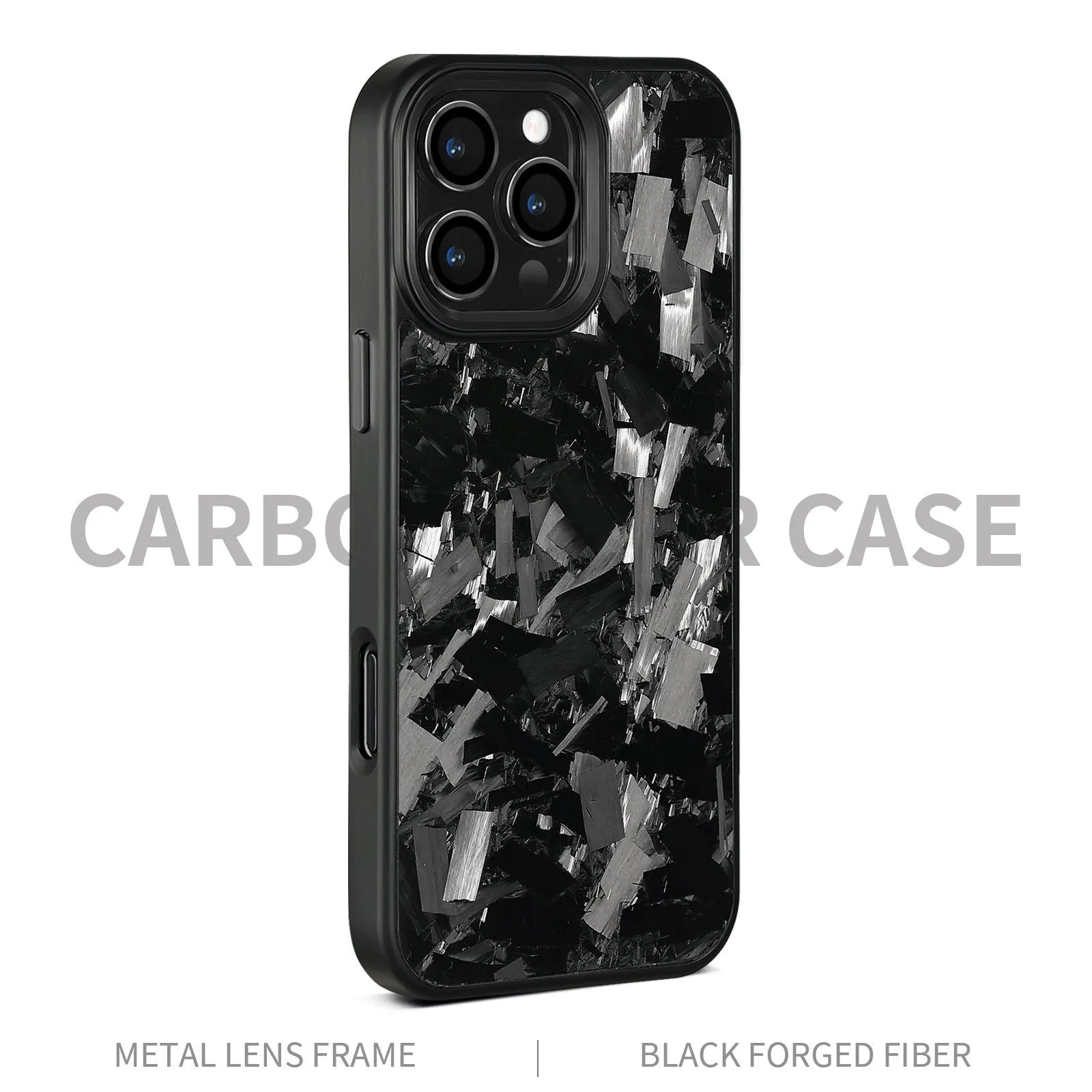 Black frame blue gold metal and carbon fibre protective case for iPhone 17 with a magnetic feature and forged pattern design.