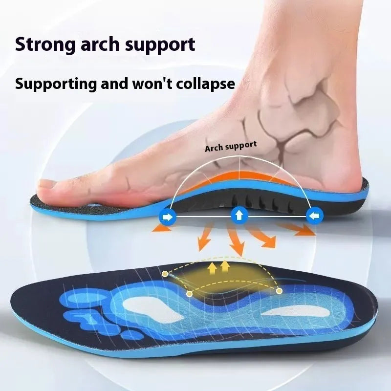 Blue and green PU flat foot correction insoles for arch support, shown in various sizes.