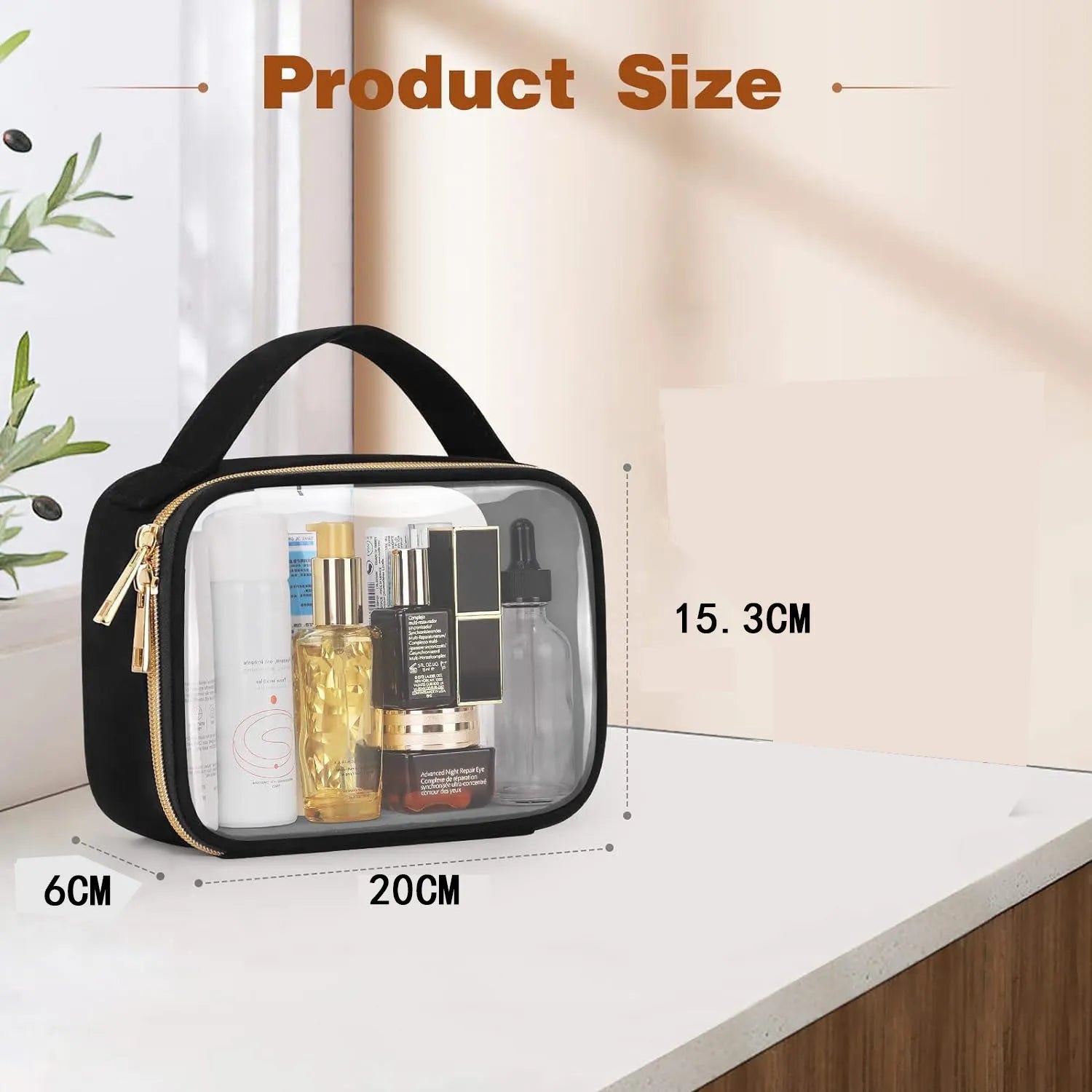 Clear PVC wash bag with chain handle for lipstick storage, shown in leopard print colour.