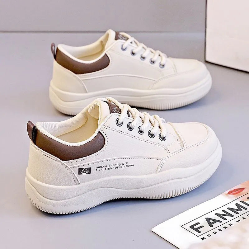 Women's Korean-style white synthetic leather casual shoes with cross straps and round toe