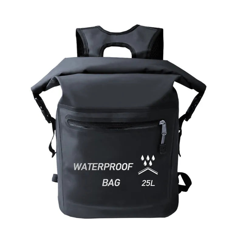 Black outdoor waterproof backpack with a 25-litre capacity for swimming and rafting.