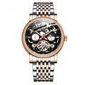 Men's black dial mechanical tourbillon watch with luminous hands on a stainless steel bracelet.