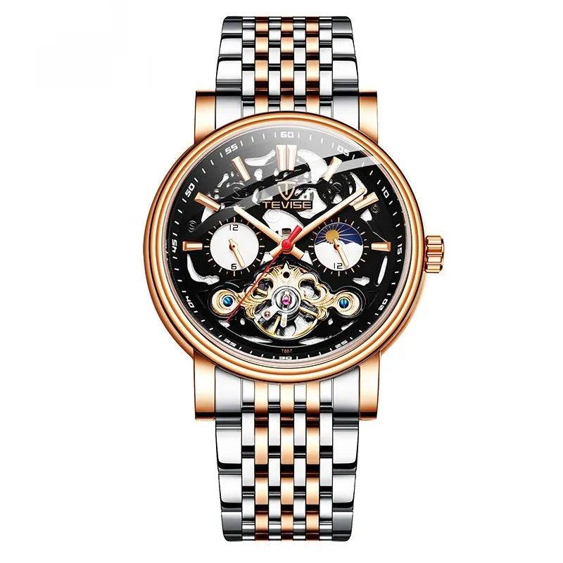 Men's black dial mechanical tourbillon watch with luminous hands on a stainless steel bracelet.