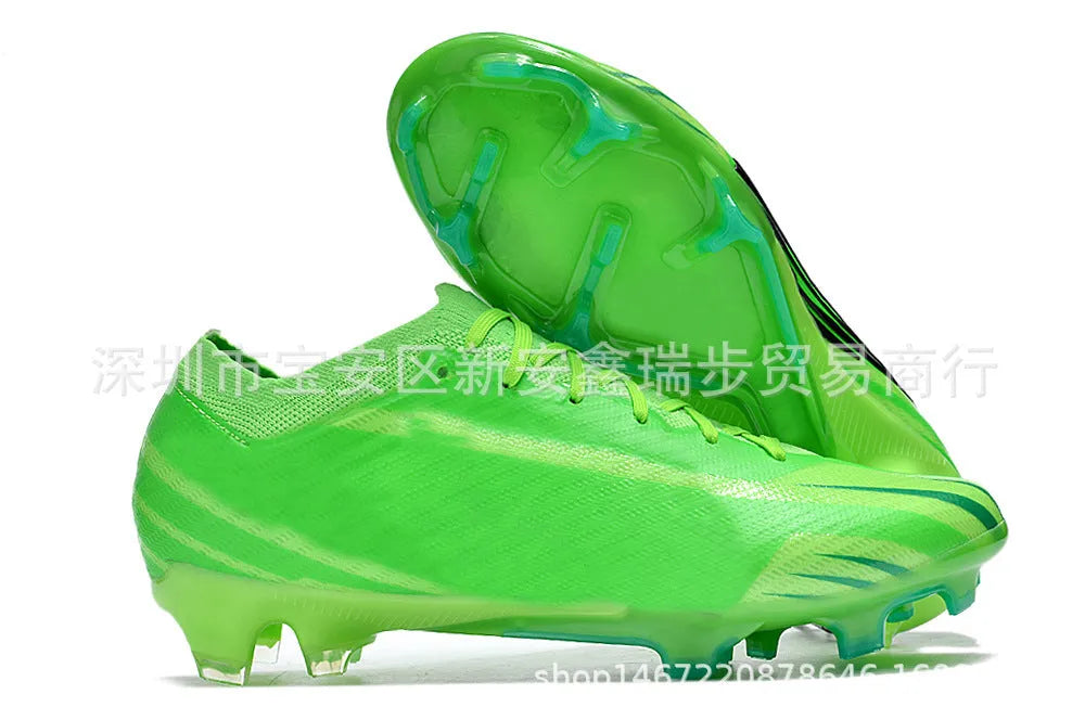 Men's knitted blue and white football shoes with FG studs and a lace-up front.