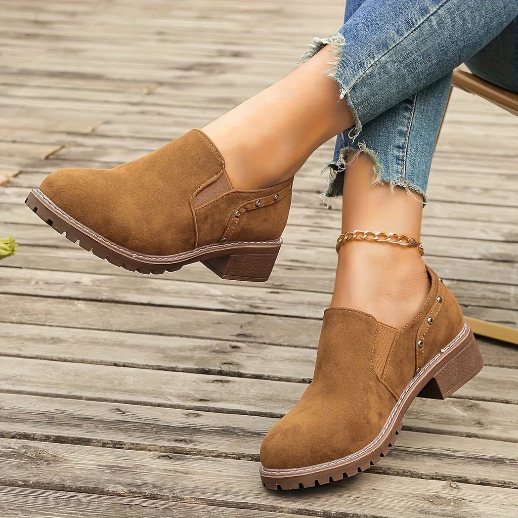 Light brown plus size suede ankle boots with elastic band and low rubber sole