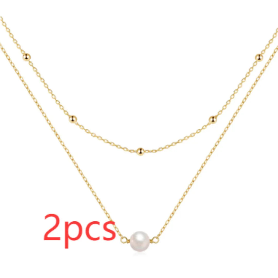 S925 sterling silver double layer twin pearl necklace in geometric design with ball bead chain