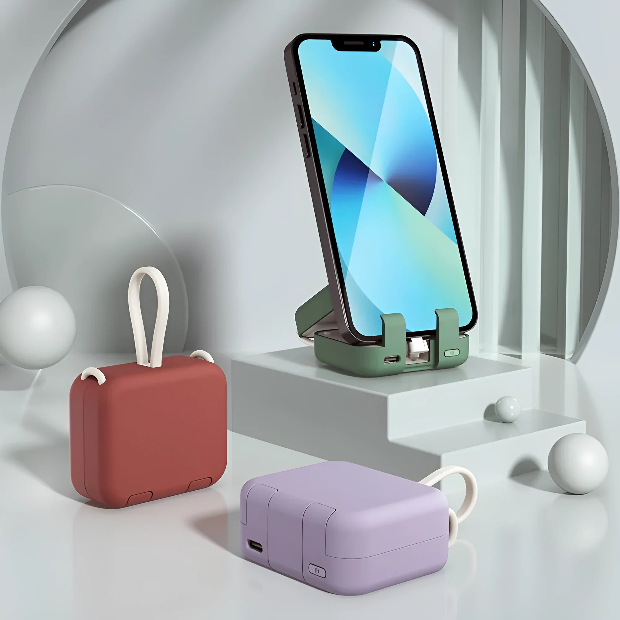 Multi-function bracket mobile power supply with dual cables in red, 4000mAh battery, phone holder built-in