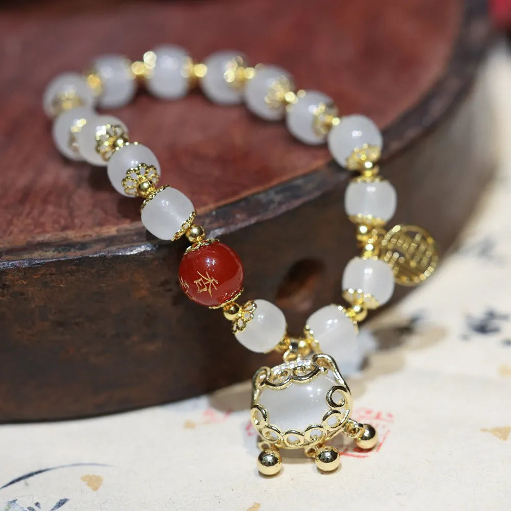 Fugui Safety Lock Windmill glass bracelet in Chinese style with safety lock and fu character motifs