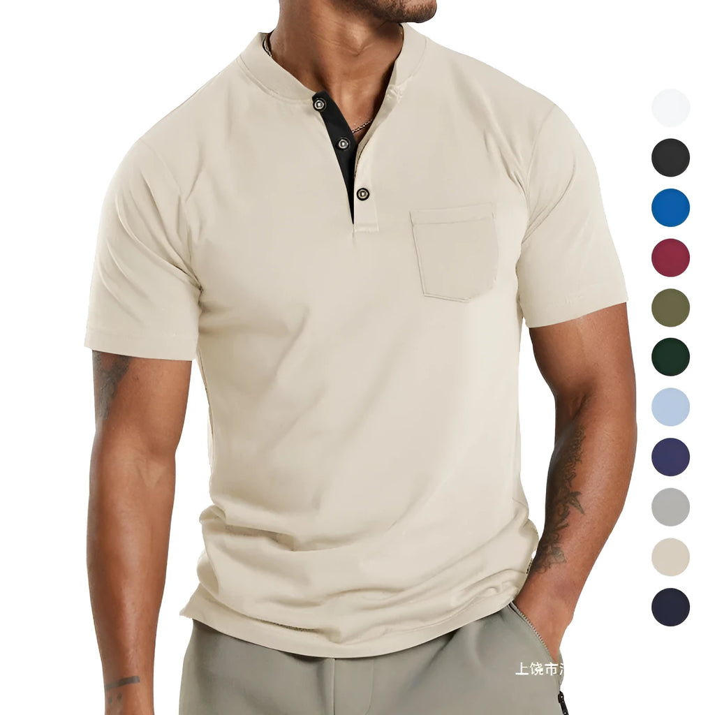 Plus size man wearing a light khaki short sleeve polyester shirt with a button chest pocket.