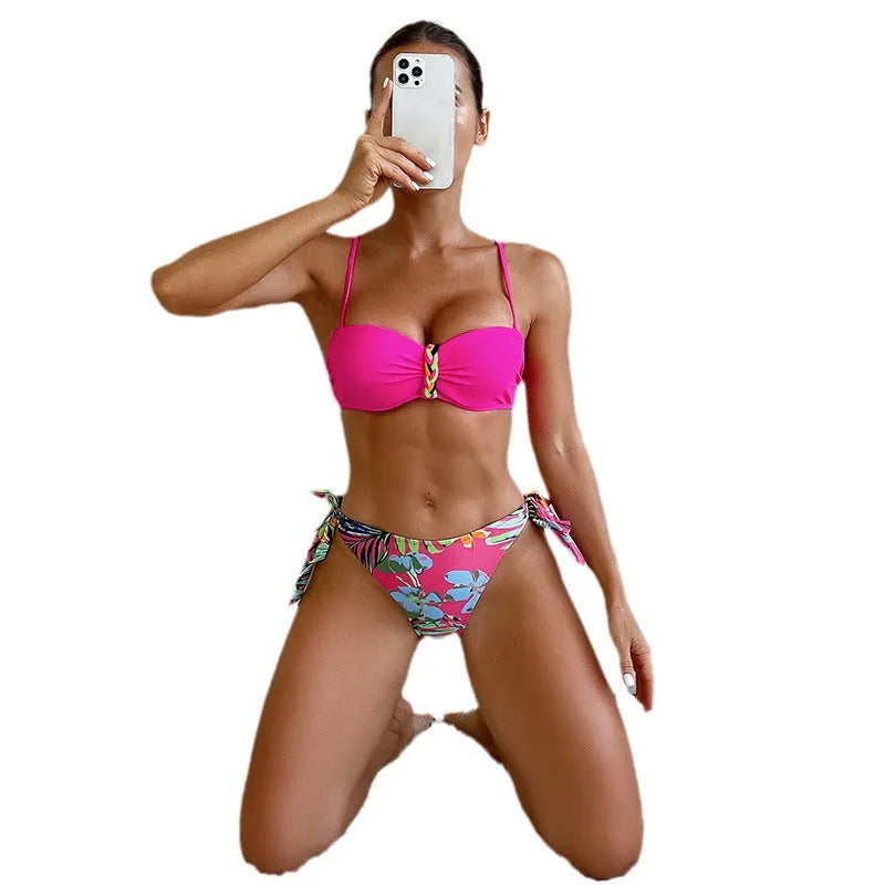Rose red women's bikini swimsuit with braided rope detailing, polyester fabric construction
