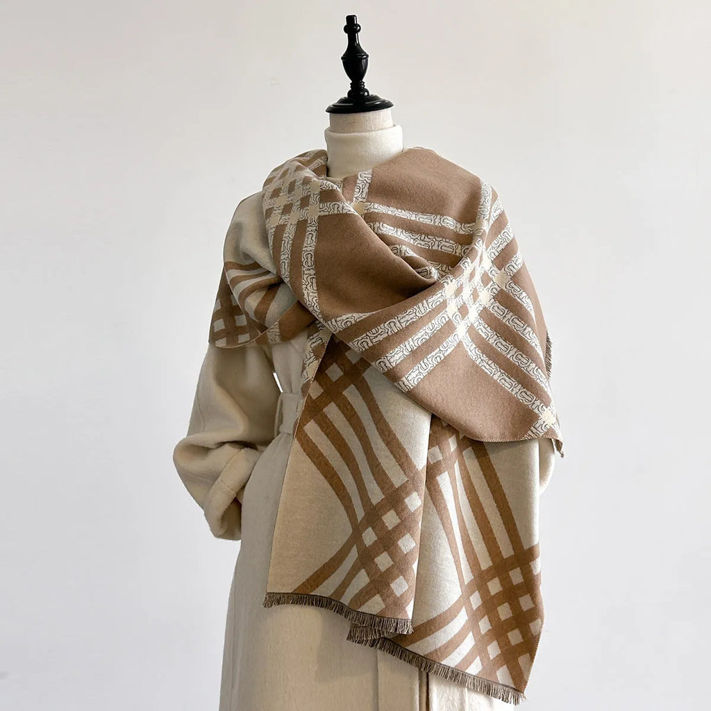 Imitation cashmere scarf with tassels in four colour options on mannequin
