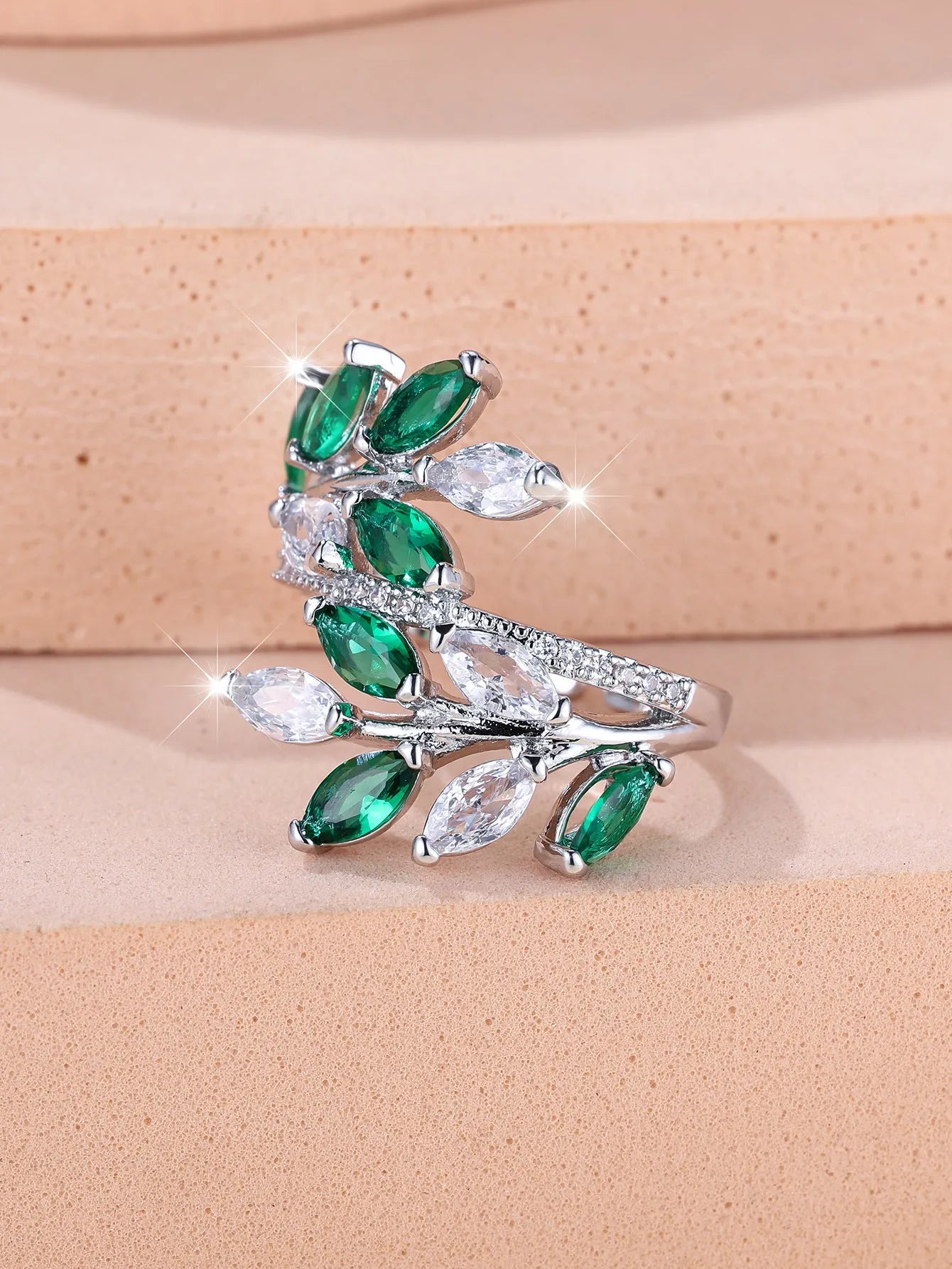 Adjustable horse eye zircon leaf ring in copper with leaf shape design and multiple colour finish options