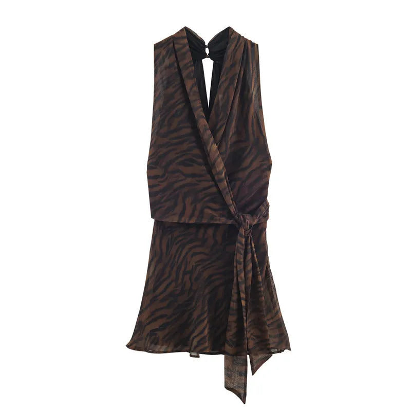 Animal print double breasted mini dress with asymmetric pleated skirt and long sleeves