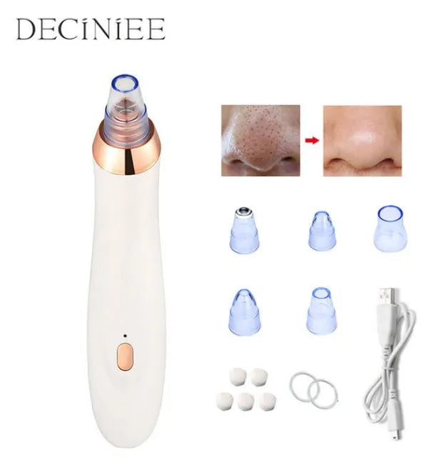 Electric blackhead remover pore cleaner in black with interchangeable nozzle heads and compact design