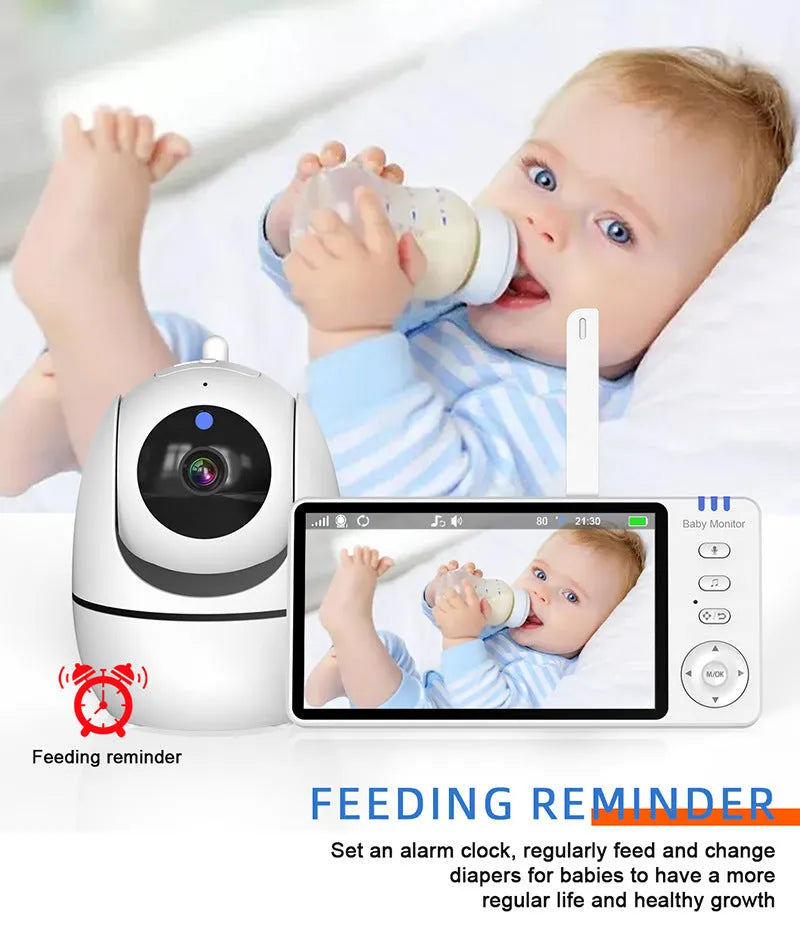 White wireless baby monitor with 5-inch HD screen showing nursery camera footage