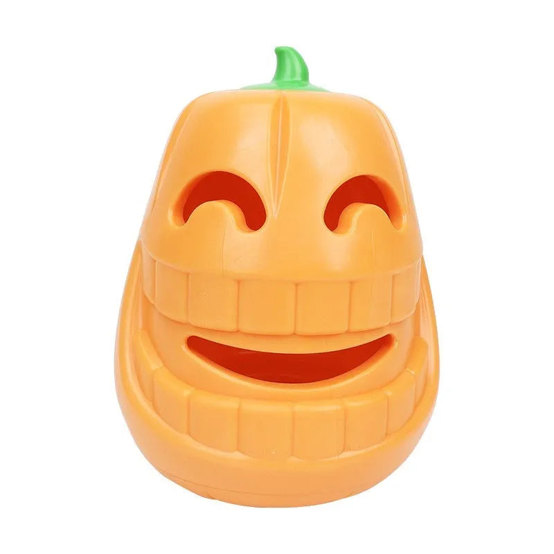 Orange Halloween pumpkin shaped rubber dog toy with a central treat-dispensing funnel.