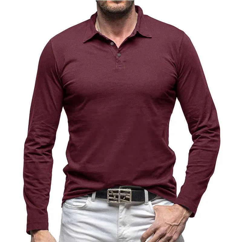Men's long sleeve cotton t-shirt with a polo collar in an American retro style, shown in Dark Grey.