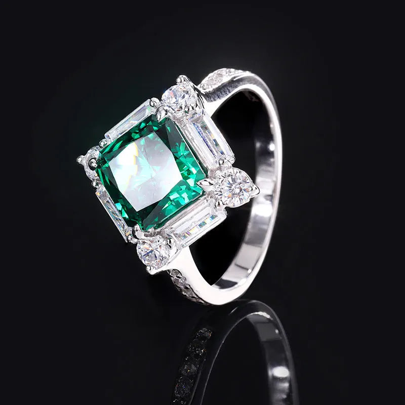 S925 silver emerald diamond jewellery set with necklace earrings and ring on display