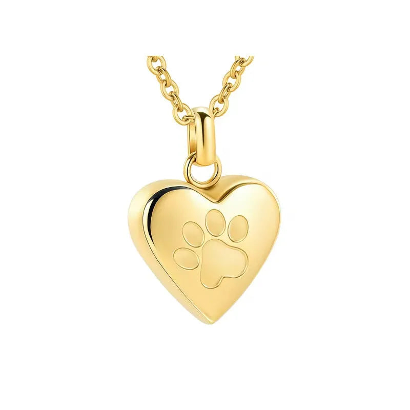 Openable heart-shaped cinerary casket necklace with paw print, made from polished titanium steel.