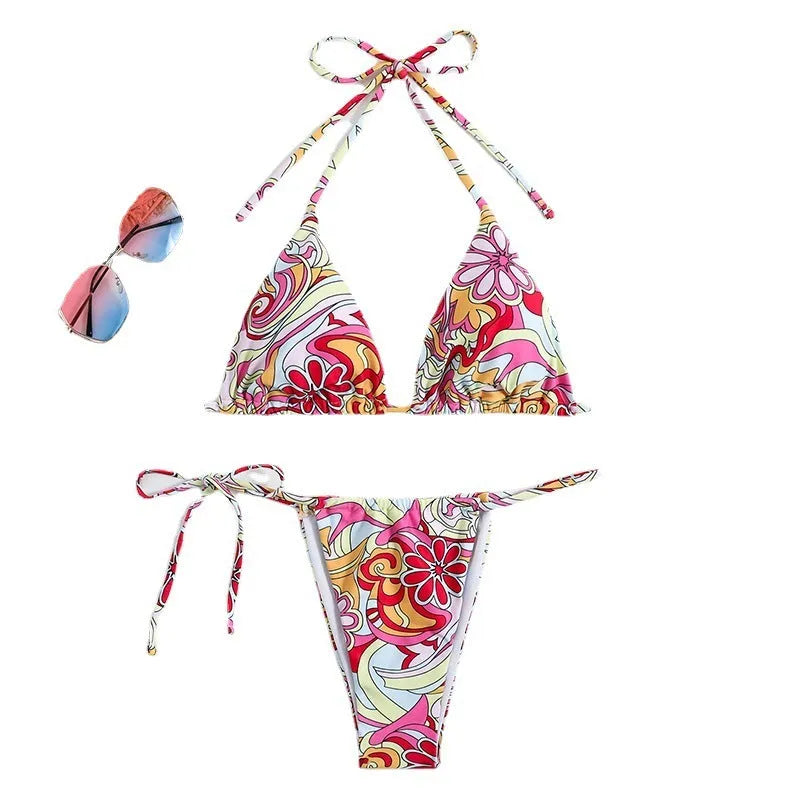Women's triangle printed bikini with halter neck top and separate bottom in multicolour