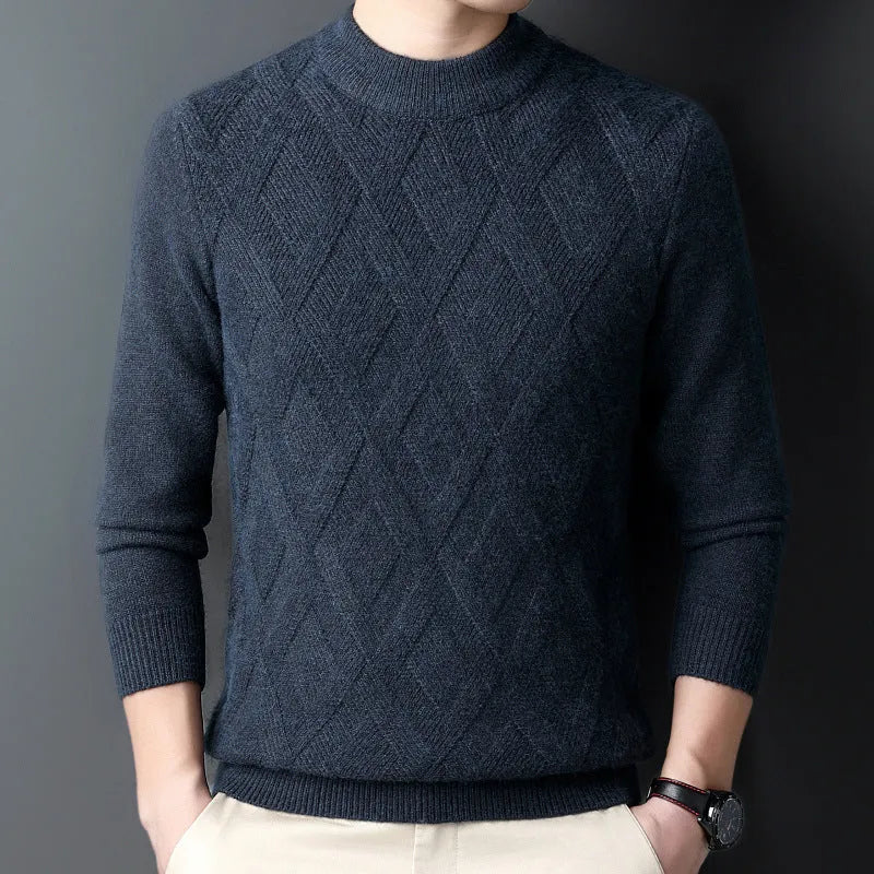 Men's diamond jacquard wool blend winter sweater in light camel colour on a hanger