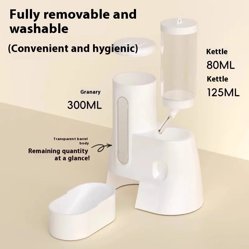 Automatic hamster drinking water feeder with integrated food basin in blue colour
