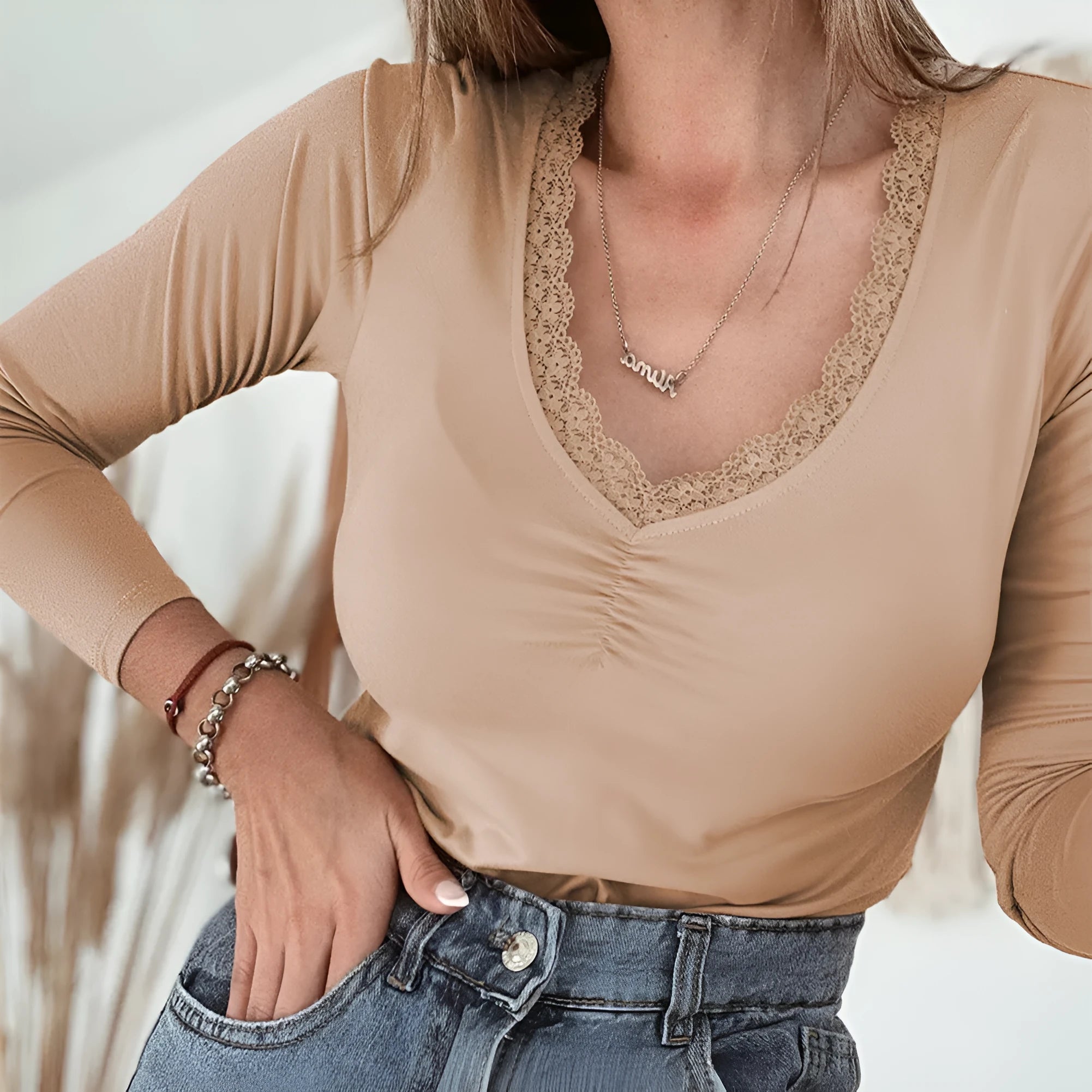 Women's solid colour long sleeve casual top with lace trim detail in slim fit