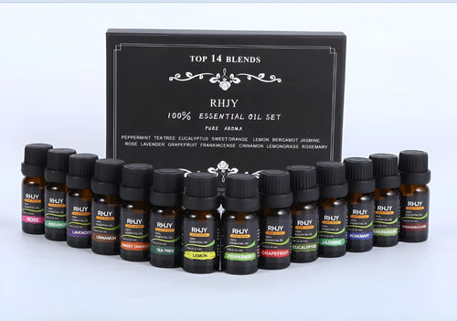 Aromatherapy essential oil set of 14 bottles, 10ml each, 100% purity, with labels for different scents