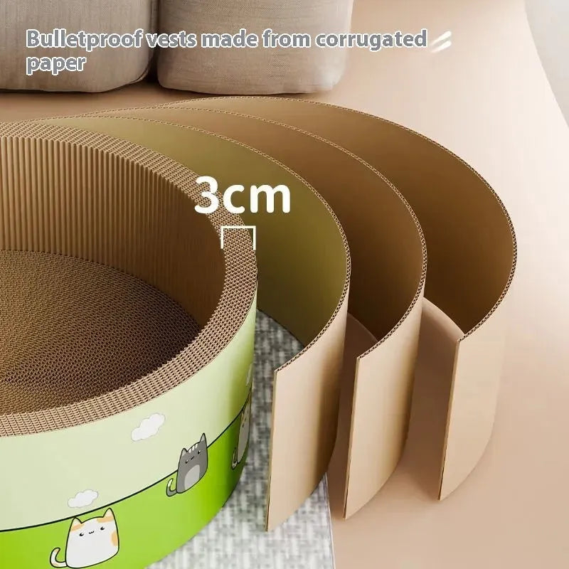 A large round corrugated paper cat scratcher board with deep pits next to an oval-shaped version.