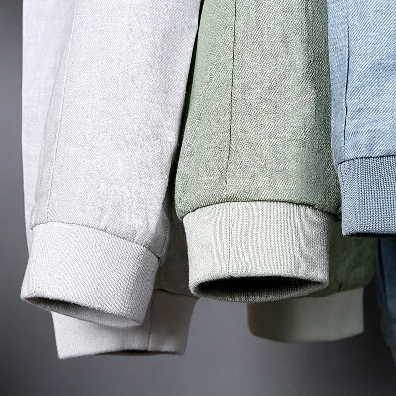 Men's thin linen jacket in cotton fabric available in heather grey, grass green and blue colours